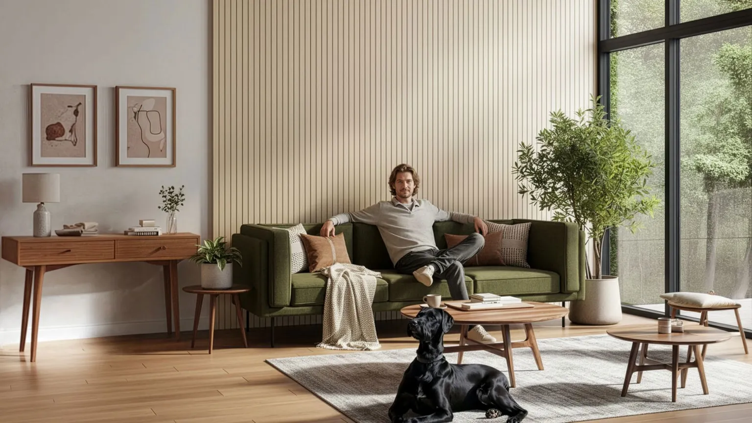 Mann im Wohnzimmer vor Akustikpaneel-Wand