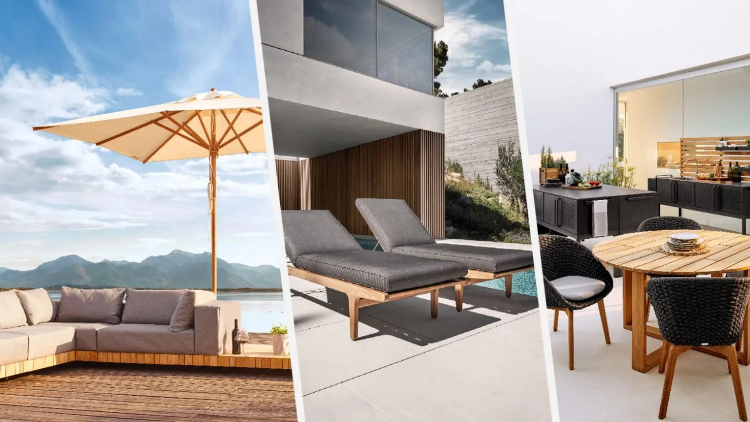 Gartenmöbel in einer Collage: Lounge mit Sonnenschirm, Gartenliegen & Gartentisch 