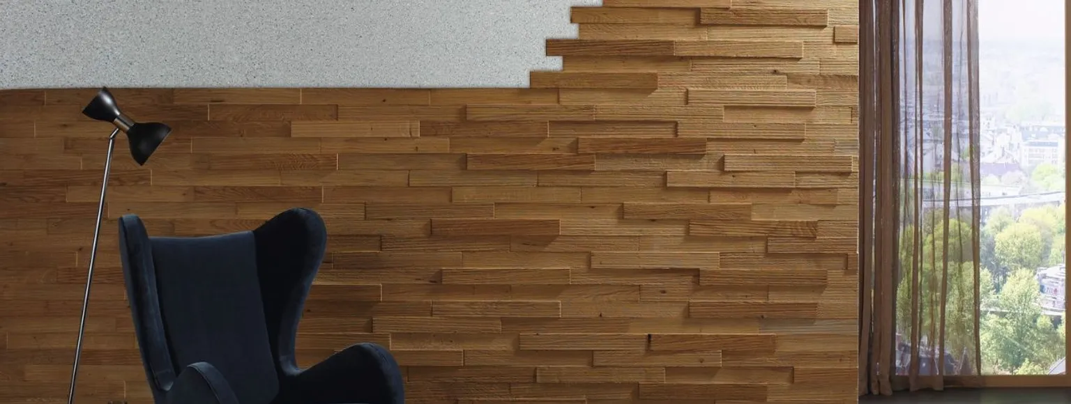 Wandverkleidung aus Holz in 3D Optik 