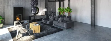 Wohnzimmer mit dunkler Einrichtung und grauem Vinylboden 