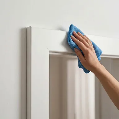 Hier ist eine weiße eingebaute Zarge zu sehen die von einem Lappen geputzt wird.