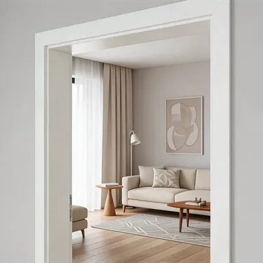 Hier ist ein helles, gemütliches Wohnzimmer mit einer eingebauten weißen Zarge zu sehen.