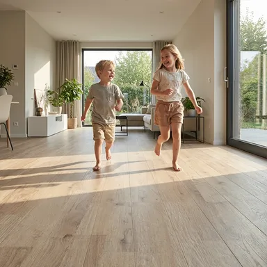 Hier ist ein Ambiente Bild eines hellen Laminatbodens zu sehen