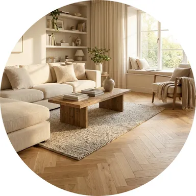 Hier ist ein heller Parkettboden in Fischgrätoptik zu sehen.