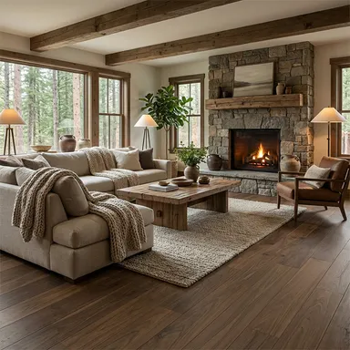 Hier ist ein Ambiente Bild eines dunklen Parkettbodens zu sehen.