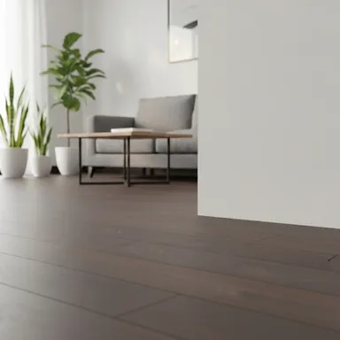 Hier ist ein Ambiente Bild eines dunklen Laminatbodens zu sehen. 