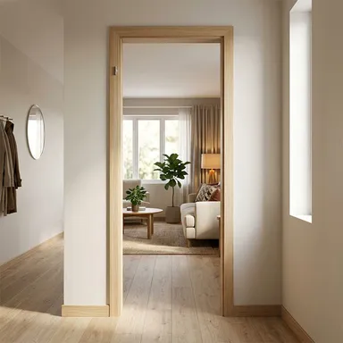 Ein heller Blendrahmen in Holzoptik der zwischen einem hellen, gemütlichen Wohnzimmer und Flur eingebaut wurde.