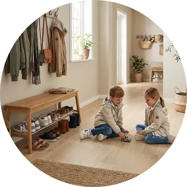 Hier ist ein Ambiente Bild eines hellen Eiche Parkettbode4ns zu sehen.