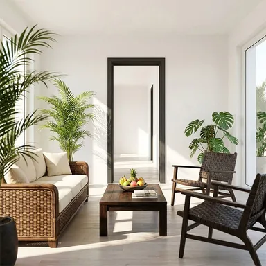 Hier ist eine anthrazit farbende Türzarge eingebaute in einem exotischen, gemütlichen Wohnzimmer zu sehen 