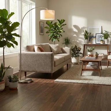 Hier ist ein Ambiente Bild eines dunklen Parkettbodens zu sehen