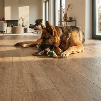 Hier ist ein Ambiente Bild eines hellen Laminatbodens zu sehen