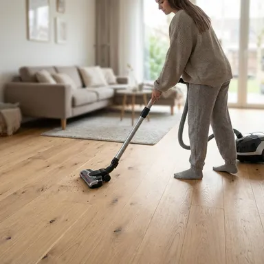 Hier ist ein Pflegebild eines hellen Fertigparkettbodens zu sehen.