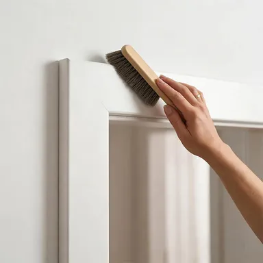 Hier ist eine weiße eingebaute Zarge zu sehen die von einem feinem Handbesen geputzt wird.