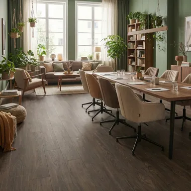 Hier ist ein Ambiente Bild eines dunklen Parkettbodens zu sehen