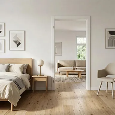 Weiße Durchgangszarge in einem hellen Schlafzimmer.