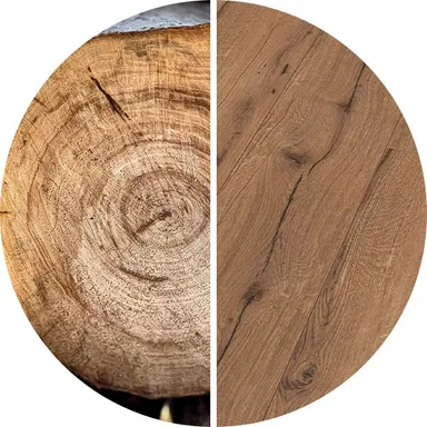 Hier ist ein Bild eines dunklen Laminatbodens. Auf der einen Hälfte sieht man den Boden, auf der anderen die Holzoptik eines Baumes 