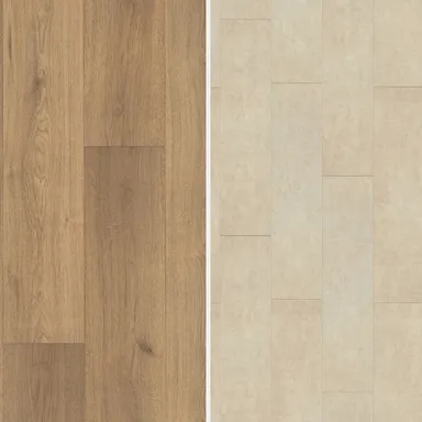 Hier ist ein Vergleichs Bild eines Laminatbodens in Fliesen und Holzoptik zu sehen.