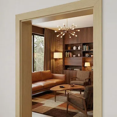 Hier ist ein rustikales, gemütliches Wohnzimmer mit einer eingebauten hellen Holzzarge Zarge zu sehen.