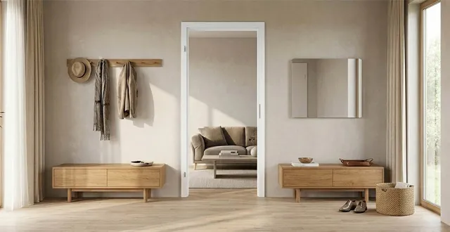 Eine weiße Durchgangszarge, eingebaut zwischen modernem  hellen Wohnzimmer und Flur.