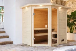 Woodfeeling Massivholz-Sauna Jada Eckeinstieg 38 mm 0