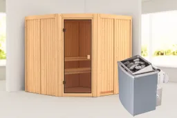 Woodfeeling Massivholz-Sauna Kotka Eckeinstieg 68 mm 0