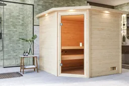 Woodfeeling Massivholz-Sauna Tilda Eckeinstieg 38 mm 0