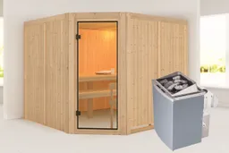 Woodfeeling Massivholz-Sauna Ystad Eckeinstieg 68 mm 0