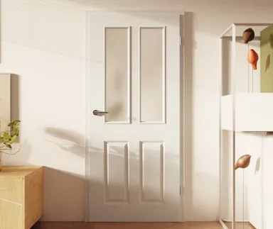 HORI Zimmertür Estella 4 Signalweiß RAL9003 mit Lichtausschnitt Röhrenspan Designkante ohne Schlüssellochbohrung 1