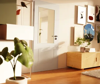 HORI Zimmertür Alicante 2 Weißlack RAL9003 mit Lichtausschnitt Röhrenspan Designkante 4