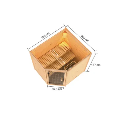 Woodfeeling Massivholz-Sauna Elea Eckeinstieg 38 mm 1