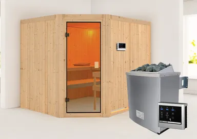 Woodfeeling Massivholz-Sauna Horna Eckeinstieg 68 mm 1