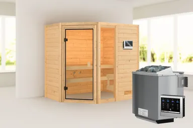 Woodfeeling Massivholz-Sauna Jada Eckeinstieg 38 mm 0