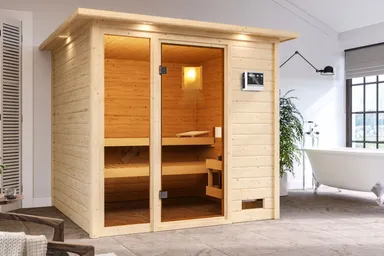 Woodfeeling Massivholz-Sauna Jutta Fronteinstieg 38 mm 0