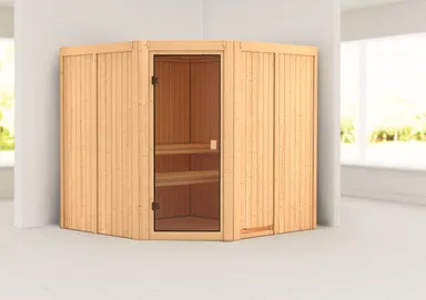 Woodfeeling Massivholz-Sauna Kotka Eckeinstieg 68 mm 1