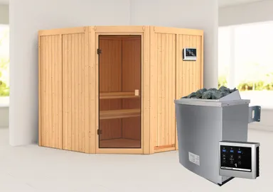 Woodfeeling Massivholz-Sauna Kotka Eckeinstieg 68 mm 1