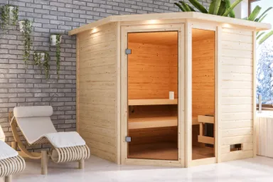 Woodfeeling Massivholz-Sauna Tabea Eckeinstieg 38 mm 0