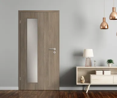 HORI Zimmertür CPL Lärche dunkel strukturiert mit Lichtausschnitt Röhrenspan Rundkante 1