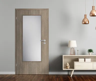 HORI Zimmertür CPL Lärche dunkel strukturiert mit Lichtausschnitt Röhrenspan Rundkante 1