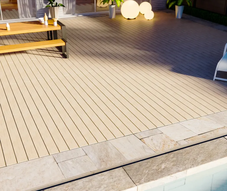 HORI Terrassendielen Komplettset WPC Maui Massiv beige tiefe Holzstruktur + geriffelt 21 x 143 mm 3