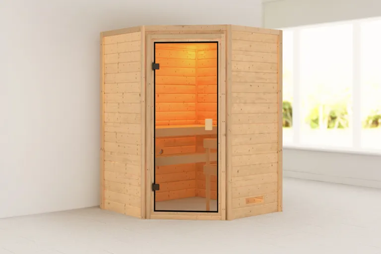 Woodfeeling Massivholz-Sauna Antonia Eckeinstieg 38 mm 0