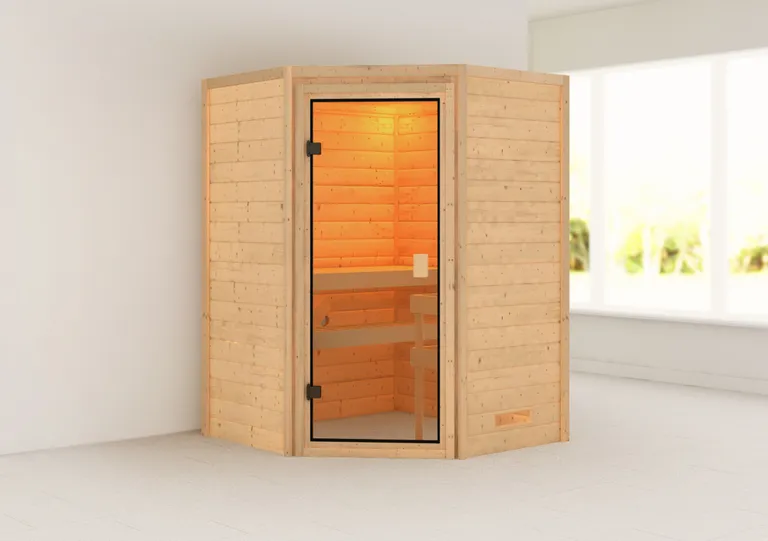 Woodfeeling Massivholz-Sauna Antonia Eckeinstieg 38 mm 2