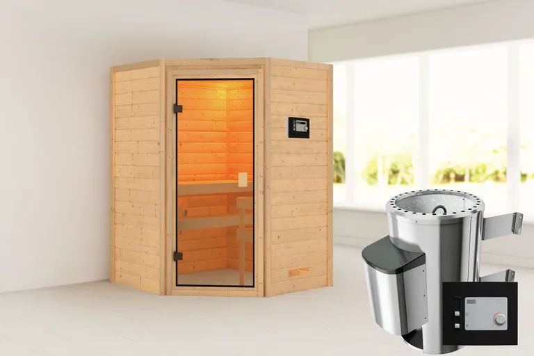 Woodfeeling Massivholz-Sauna Antonia Eckeinstieg 38 mm 0