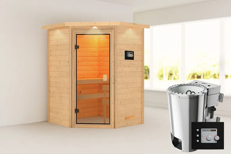 Woodfeeling Massivholz-Sauna Antonia Eckeinstieg 38 mm 0