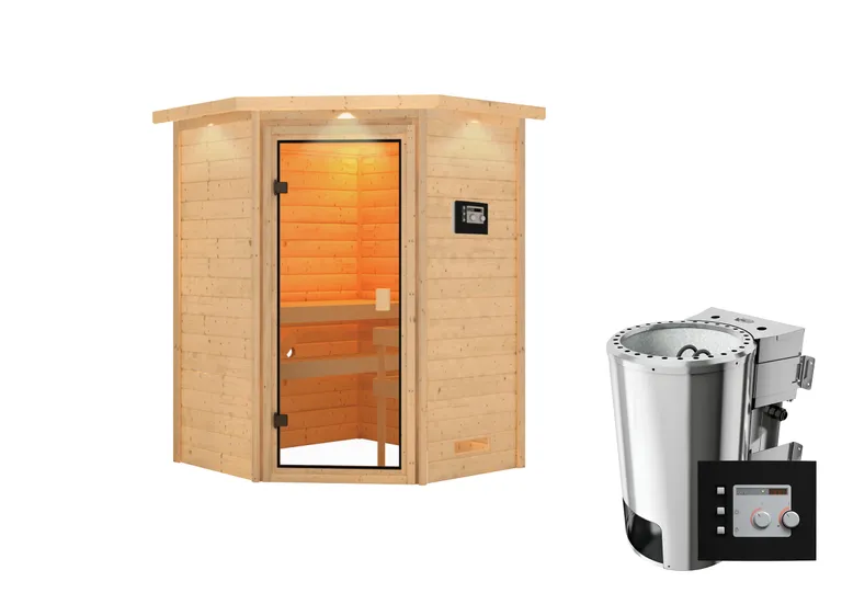Woodfeeling Massivholz-Sauna Antonia Eckeinstieg 38 mm 2