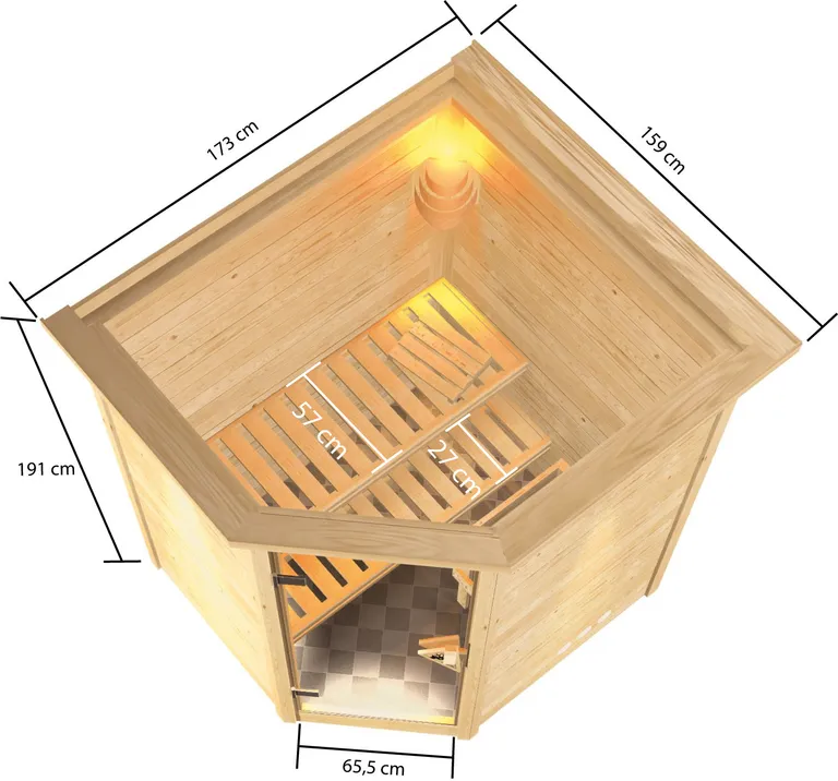 Woodfeeling Massivholz-Sauna Antonia Eckeinstieg 38 mm 1