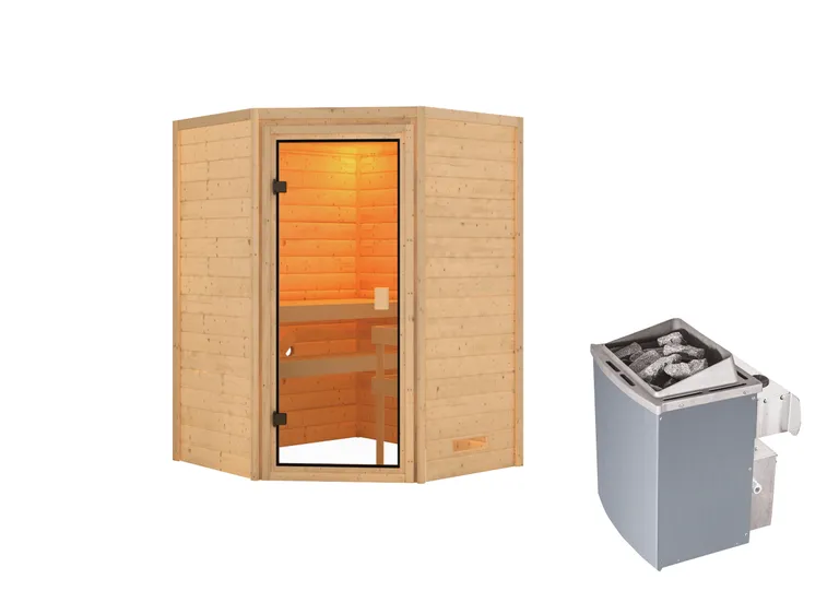 Woodfeeling Massivholz-Sauna Antonia Eckeinstieg 38 mm 2