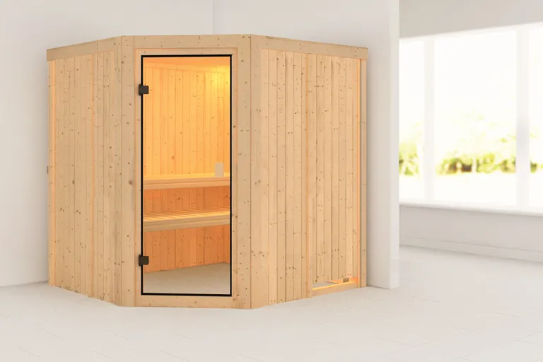 Woodfeeling Massivholz-Sauna Bodo Eckeinstieg 68 mm 0