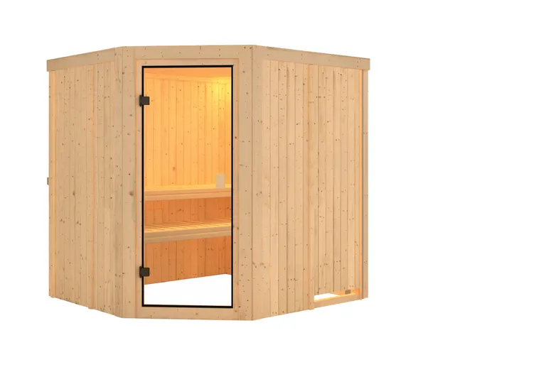 Woodfeeling Massivholz-Sauna Bodo Eckeinstieg 68 mm 2