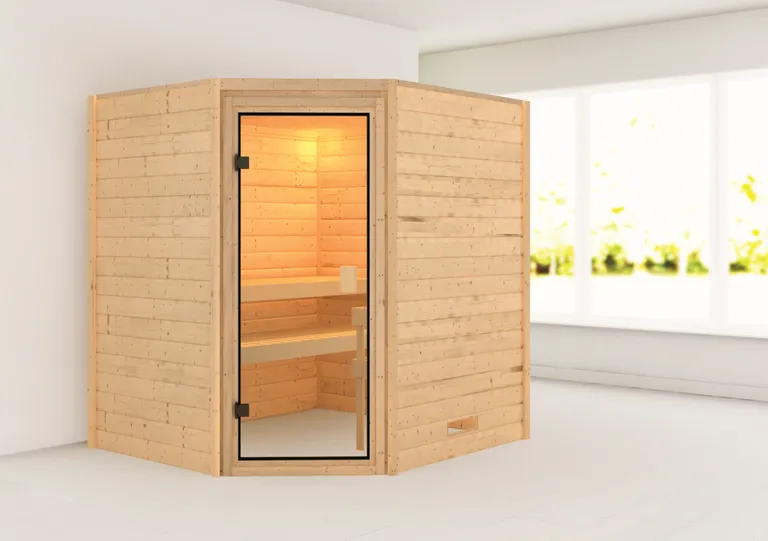 Woodfeeling Massivholz-Sauna Elea Eckeinstieg 38 mm 1