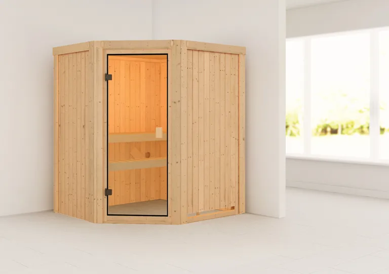 Woodfeeling Massivholz-Sauna Faurin Eckeinstieg 68 mm 1